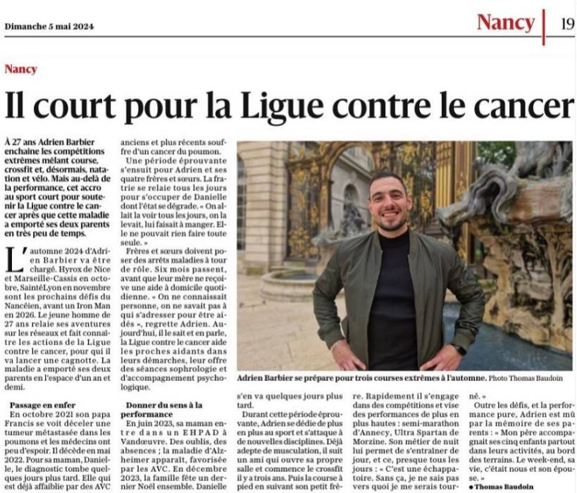 Adrien Barbier, Parrain du Comité 54 de la Ligue contre le Cancer